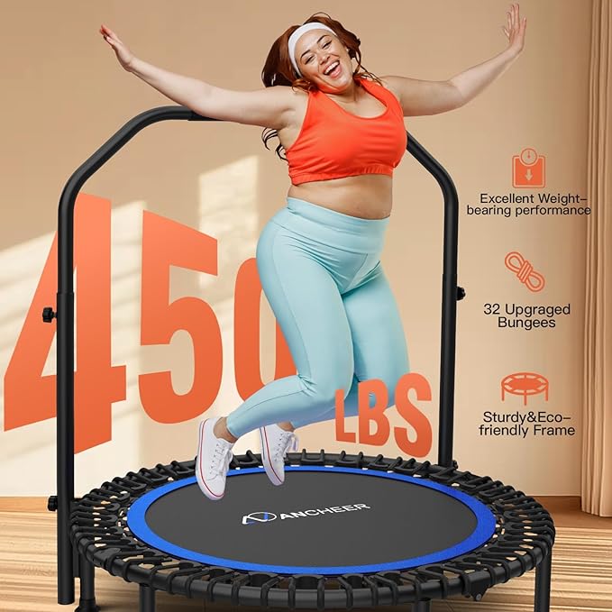 Bungee Rebounder Trampoline,ANCHEER 40" Foldable Fitness Trampoline with 4-Level Adjustable Handlebar, 450LBS Capacity, Resistance Ropes&Upgraded Bungees Safe for Home/Cardio,Workout Indoor/Outdoor