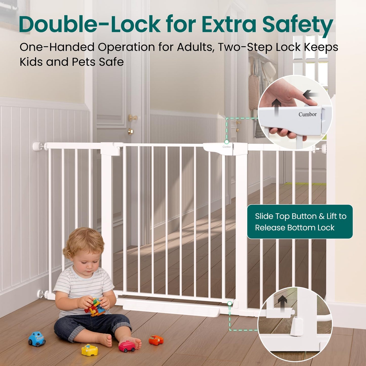 Cumbor 30-54" Extra Wide Baby Gate for Stairs, Dual Lock & Self-Closing Dog Gate Indoor, Easy Install Pet Gate for Doorways, Hallways & Kitchen, Easy Walk Thru Safety Proofing for Babies & Pets, White