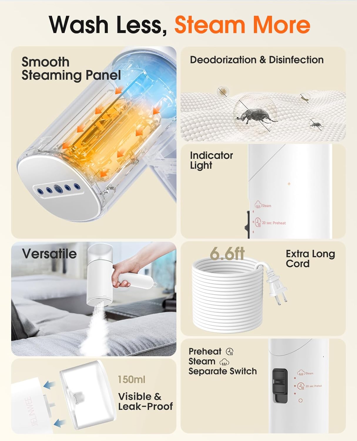 Skiennix Handheld Clothes Steamer - 1200W Portable Travel Iron with 150ml Tank | Fast 20 Sec Preheat - White
