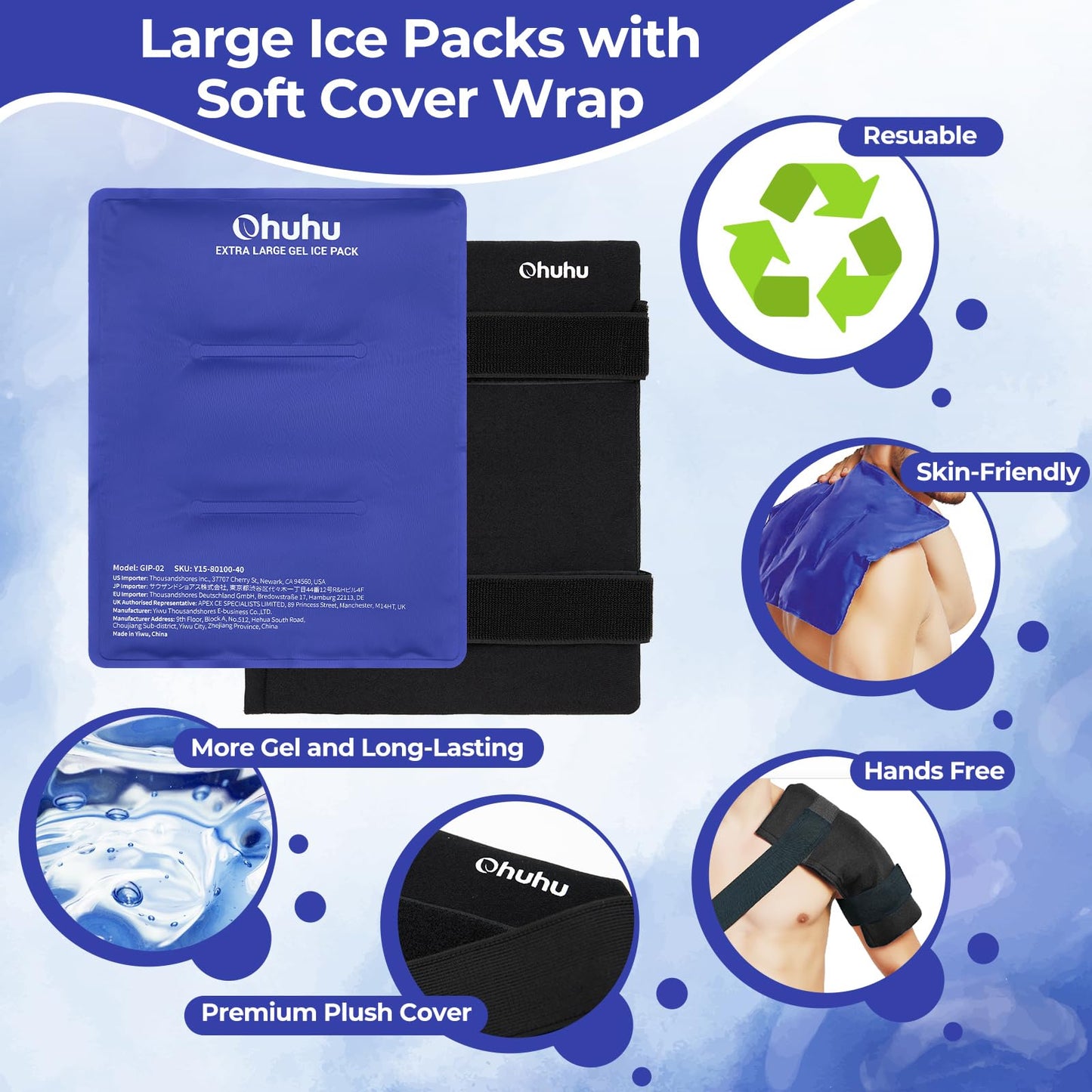 Ice Packs for Injuries 14" X 11": Ohuhu 2 Pack Hot Cold Gel Ice Pack X-Large Reusable Ice Packs with Wrap Flexible Pain Relief for Shoulder Legs Knee Back Hip Aches Injury Muscle Pain-Blue