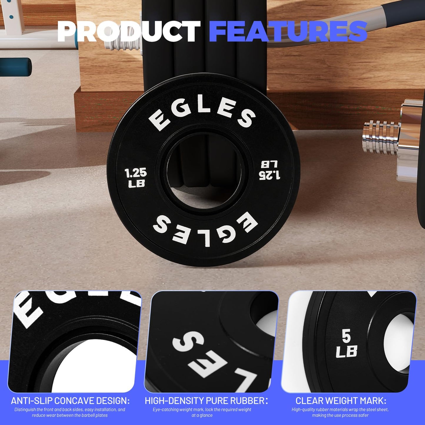 EGLES Change Plates Set 17.5LB 1.25lb+2.5lb+5lb Black Rubber Coated Weight Plates in Pairs Olympic Bumper Plates Fit 2-Inch Barbells Strength Training Weight Plates Gym & Fitness Change Plates