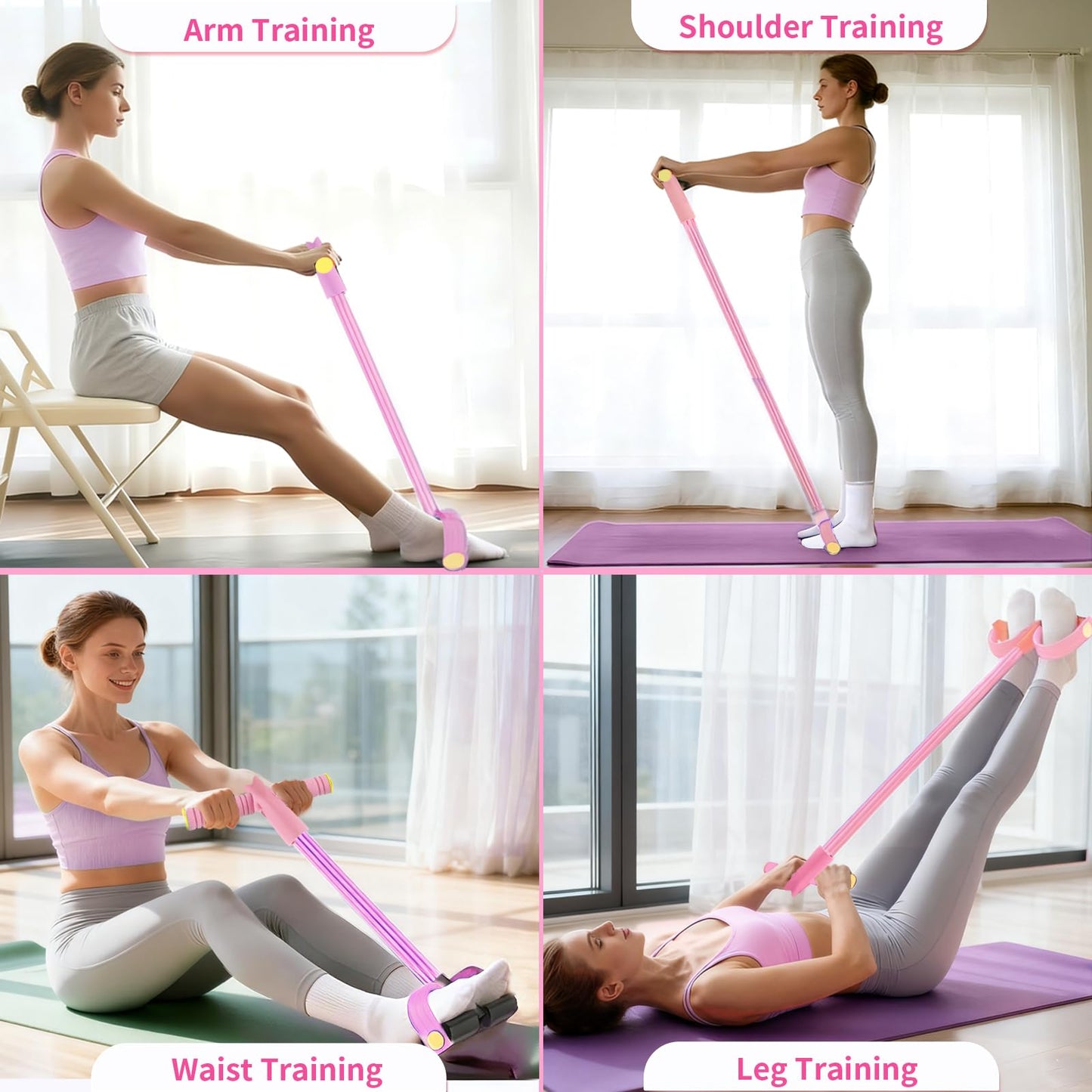 Pedal Resistance Bands with Handles, Upgrade 6-Tubes Manual Tension Training Pedal, Natural Rubber Foot Pedal Resistance Bands, Multifunction Fitness Bands for Abdomen, Waist, Arm, Leg (Pink)