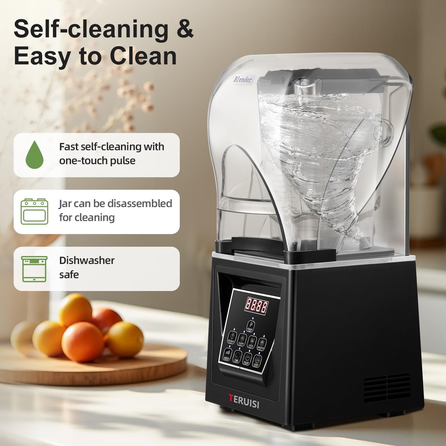 TERUISI Commercial Blender, 2200W 2.95 HP Professional Blender with Quiet PC Sound Enclosure, 70 Oz / 2L Large Heavy Duty Blenders with 9 Speeds, Timer, Self-Cleaning, 5 Presets For Shake and Smoothie