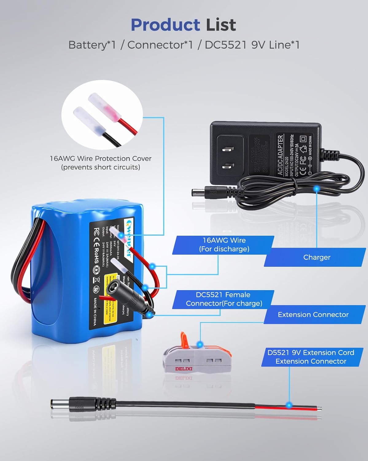 Qwenoer 24V 2.6Ah 24V Lithium Battery, Rechargeable Li-ion Battery with Charger, Bare Leads Wire, Cable Connector