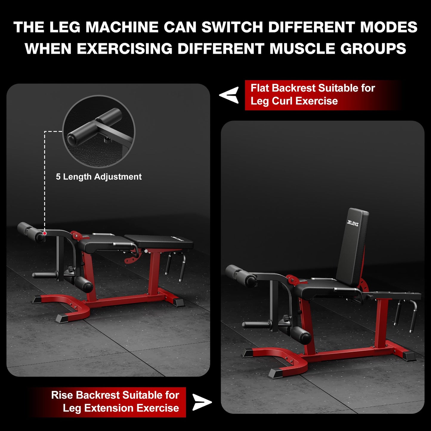 JELENS J10 Leg Extension and Curl Machine, Adjustable Leg Curl Machine for Home Gym, Seated Leg Extension and Lying Curl Machine for Lower Body Workouts (Red, Classical)