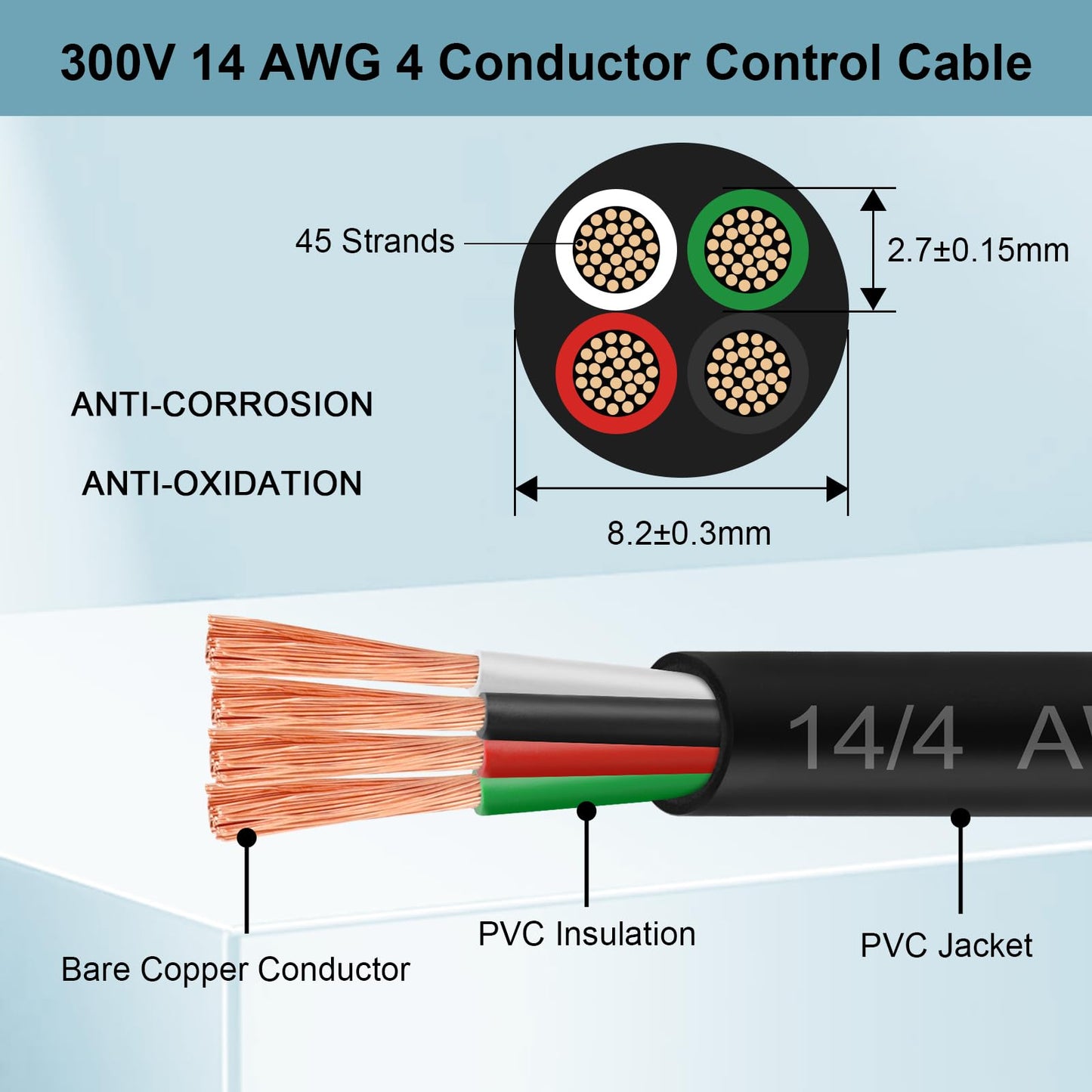 MOOKEERF 14/4 AWG Mini-Split Cable - 150FT 14 AWG 4 Conductor Control Cable 300V Stranded Oxygen-Free Pure Copper Wire for Mini Split Air Conditioner,Heat Pump,HVAC Systems and Speaker Systems