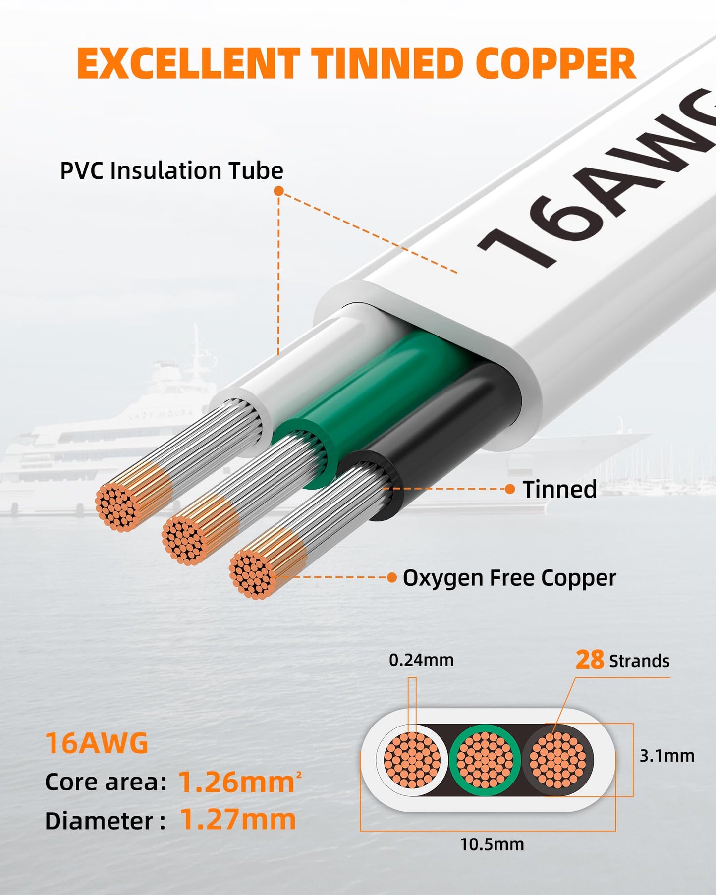 CONEPY 16 Gauge Marine Wire, 16/3 Triplex Marine Grade Cable, IP68 Waterproof/Oxygen-Free Tinned Copper Stranded PVC 16 AWG Wire for Boat, Automotive, RV, Solar, LED Strips (200FT)