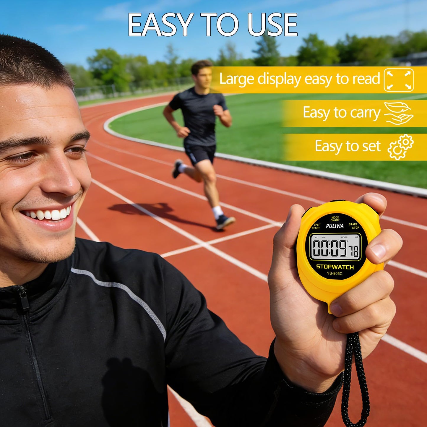PULIVIA Stopwatch Timer with Countdown, Simple Operation Digital Stop Watch for Sports, Countdown-Alarm Button-Sound, AAA Battery Included (Yellow)