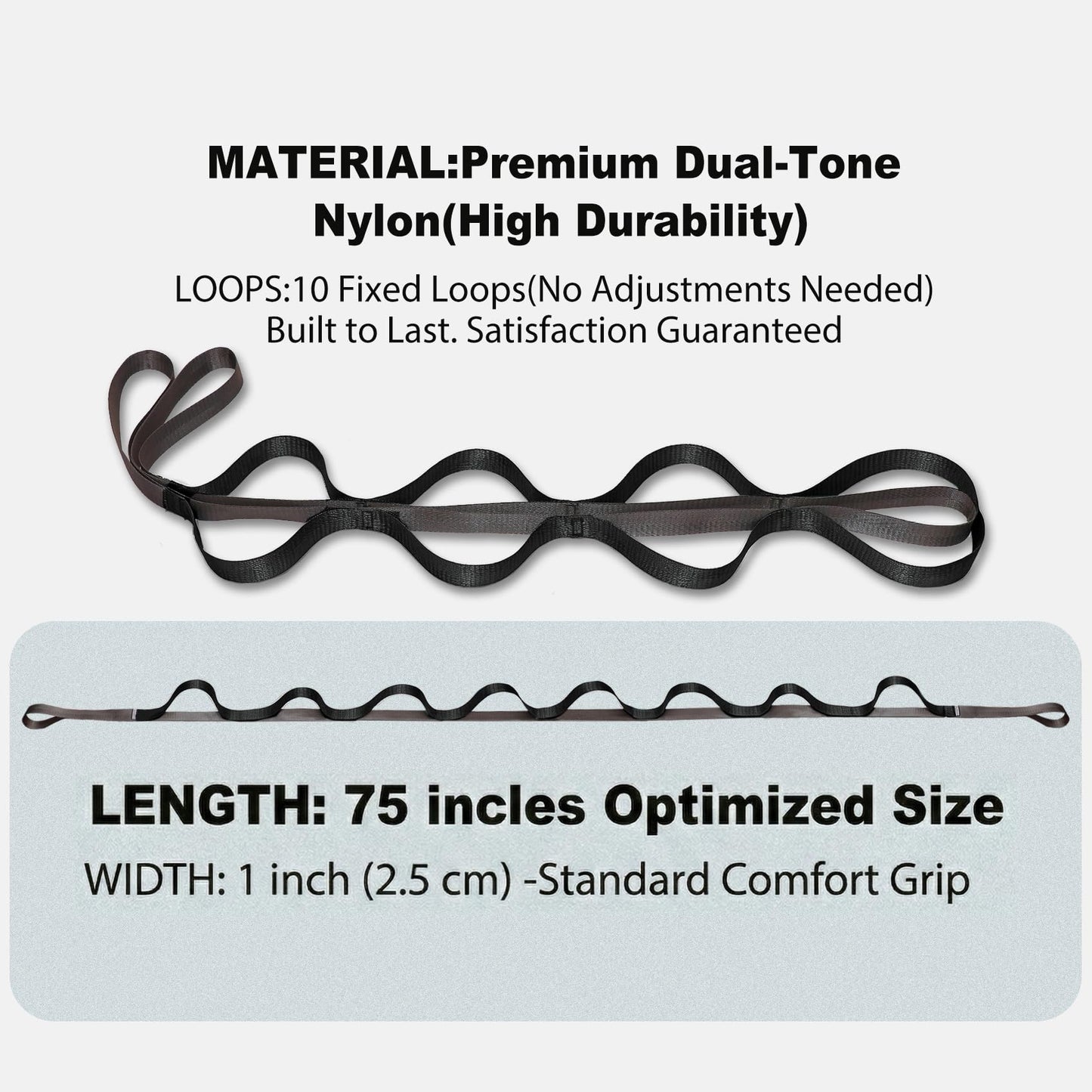 Acozycoo Stretching Strap with 10 Loops – Non-Elastic Yoga Strap for Physical Therapy, Knee Replacement Recovery & Plantar Fasciitis – Leg Stretcher Band for Flexibility & Hamstring Rehab（Black)