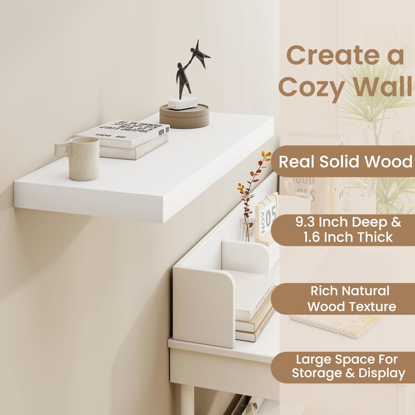 Fun Memories White Floating Shelves for Wall, 30 x 9 Inch Floating Shelf Set of 2, Rustic Natural Wood Wall Shelves, 9" Deep White Bathroom Shelves for Storage & Display