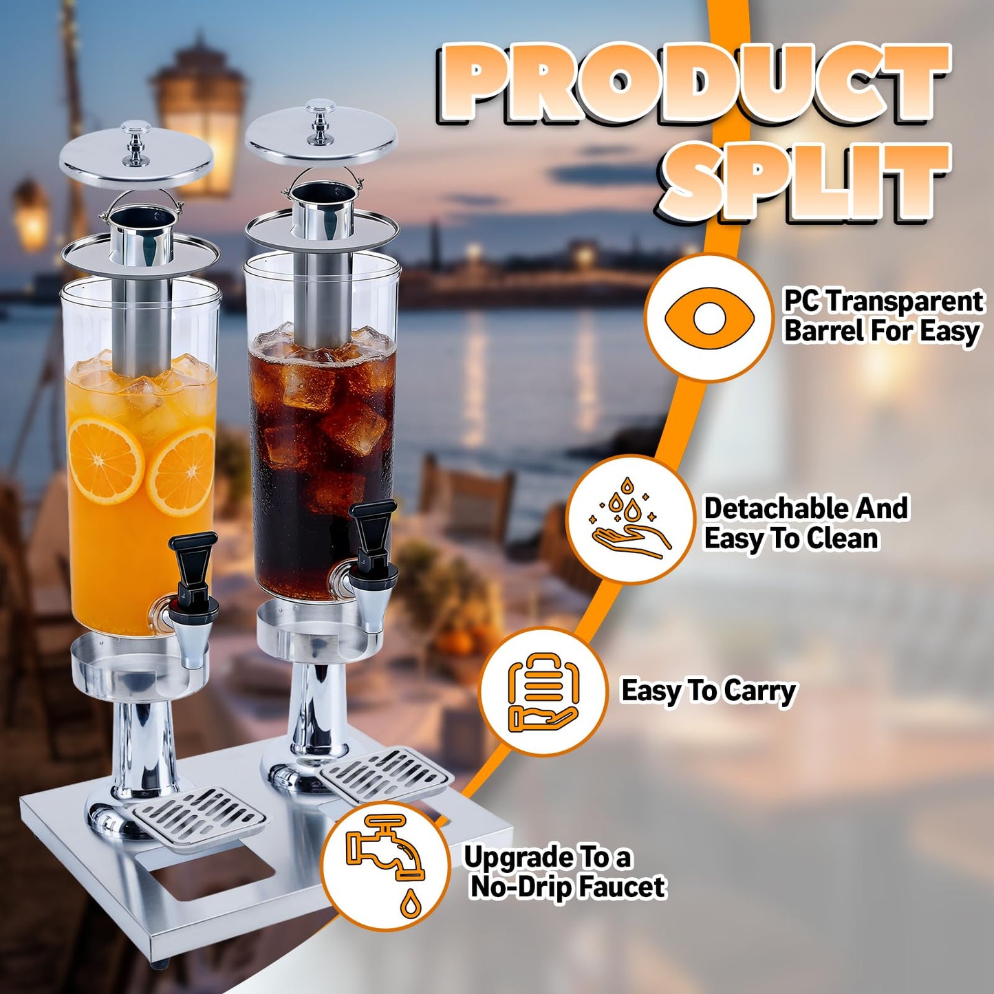 VAKUKK 2-Gallon Drink Dispenser with Stainless Steel Drip Tray - Party Beverage Juice Lemonade Iced Tea Water Dispenser for Church Events, Catering, Family Gatherings & Outdoor (SILVER)