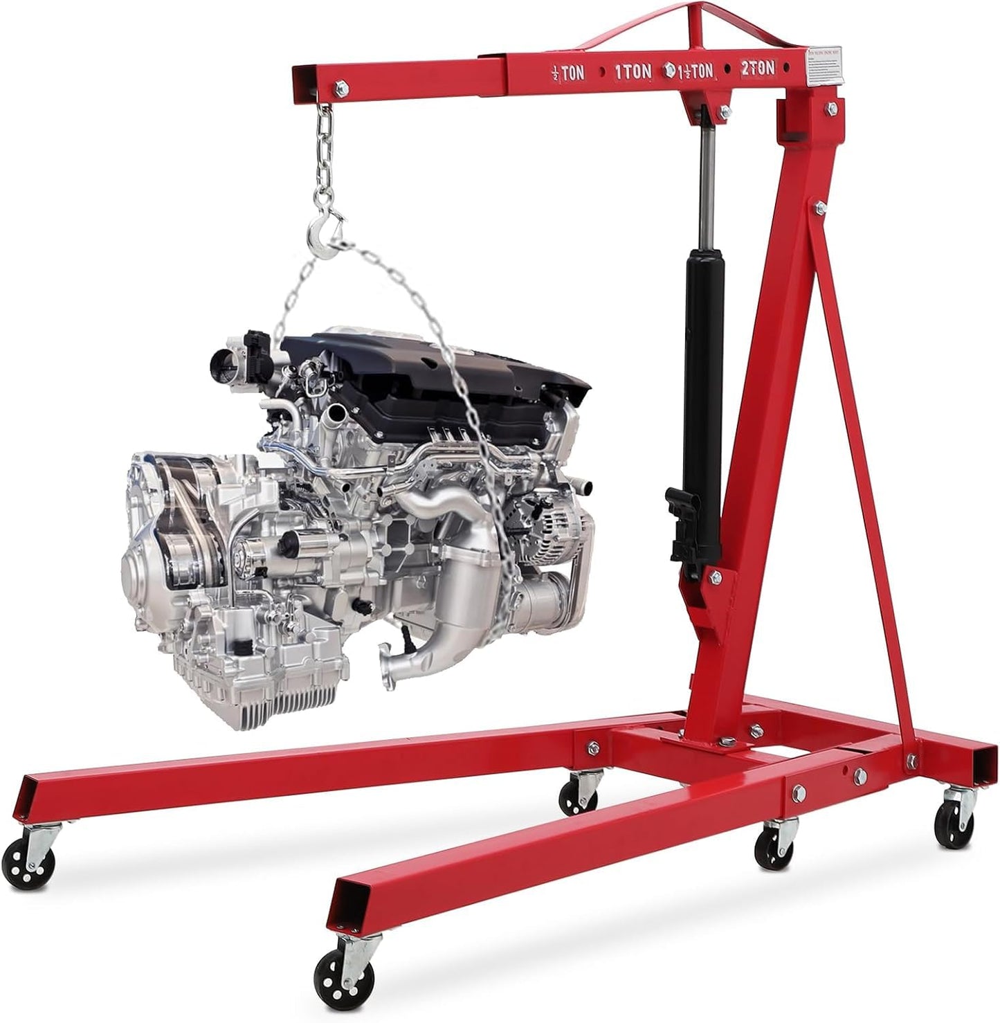 GarveeTech 2-Ton Folding Engine Hoist Cherry Picker 4400 Lb Capacity Hydraulic Shop Crane with Telescoping Boom 6 Caster Wheels for Automotive Repair Garage Use Includes Hitch and Storage Stand Red