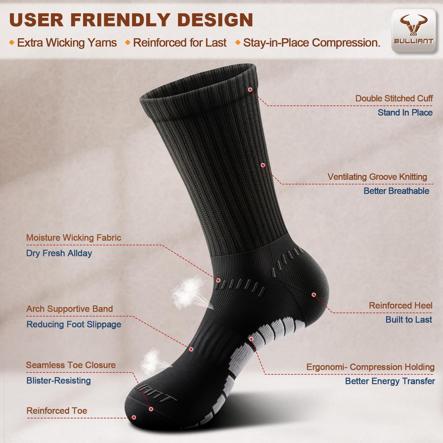 BULLIANT Men Socks, Athletic Compression Crew Socks Cushioned for Men Running Sports Hiking Fishing Arch Support(6Pairs,Shoes Size:Men 11-13)