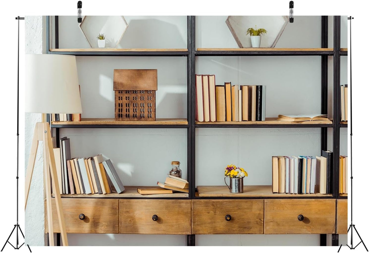 BELECO 8x6ft Fabric Living Room Bookshelf Backdrop Empty Room with Bookcase, Zoom Calls Video Recording Background Home