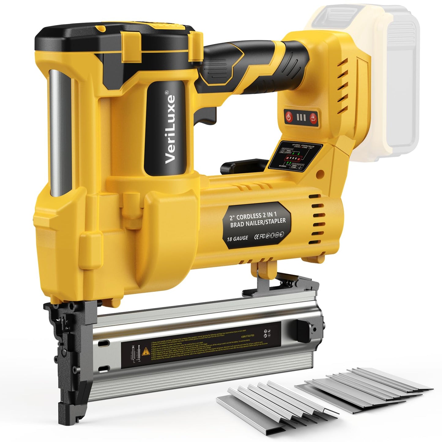 Cordless 2" Brad Nailer Compatible with Dewalt 20V Battery (No Battery), 2-in-1 Electric 18 GA Nail Gun/Staple Gun Battery Powered with 1200 Nails/Staples, 2 Modes, Adjustable Depth, Safety Nose, LED
