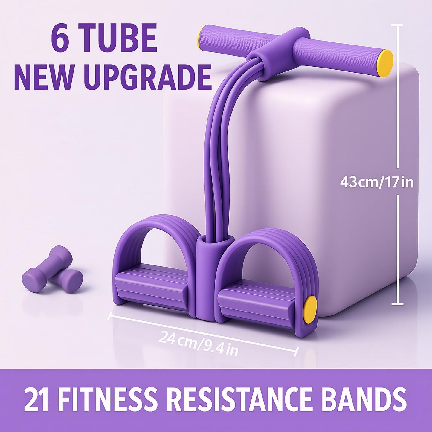 Pedal Resistance Band with Handle, Up to 50lbs 6-Tube Multifunction Pedal Resistance Band for Home Workout, Natural Rubber Foot Pedal Resistance Band with Storage Bag (Purple)