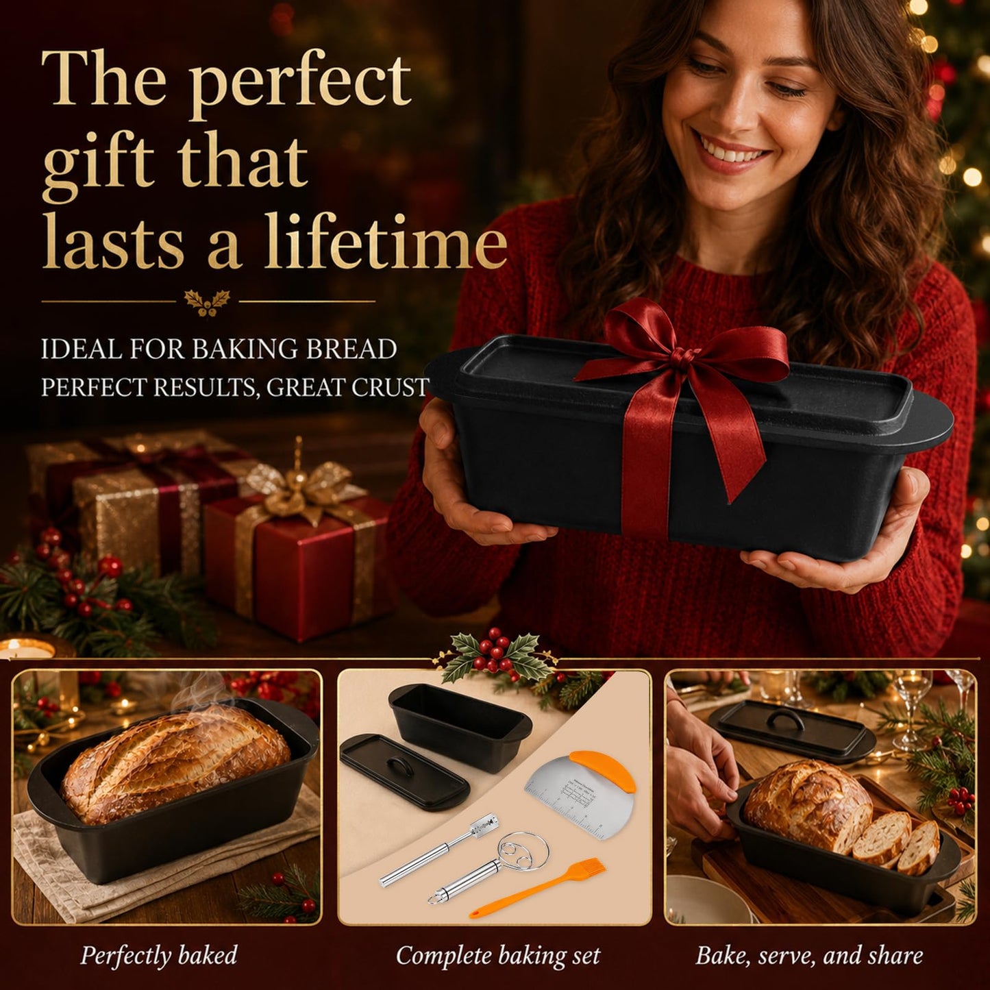Cast Iron Dutch Oven Bread Loaf Pan with Lid, 14 x 5.5 Inch 3.2QT Pre-Seasoned Pan for Sourdough Baking, Includes Baking Supplies for Homemade Artisan Bread, Heavy Duty with Even Heat Distribution