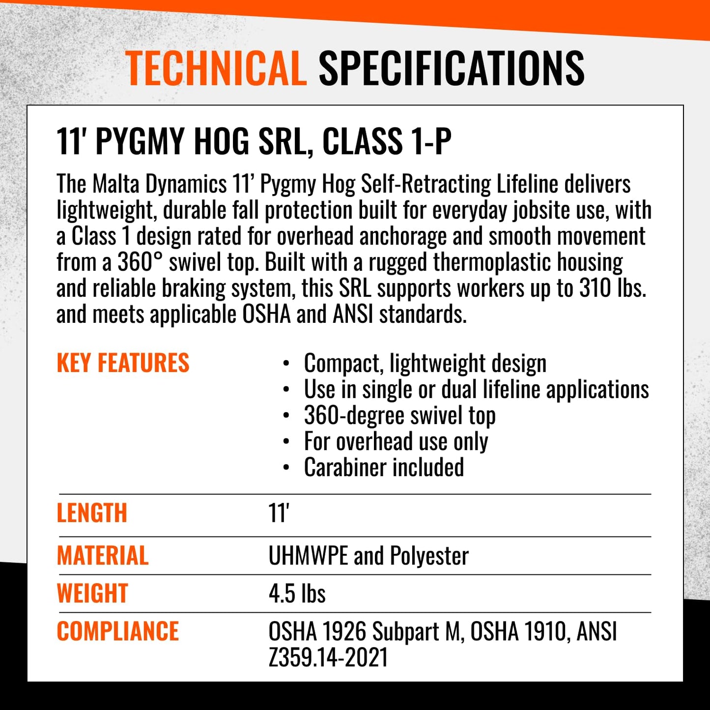 Malta Dynamics Pygmy Hog 11-Foot Self-Retracting Lifeline (SRL) – OSHA & ANSI Compliant Fall Protection Retractable Lanyard with Rebar Hook – Class 1-P, Lightweight, Durable, 310 Pound Capacity