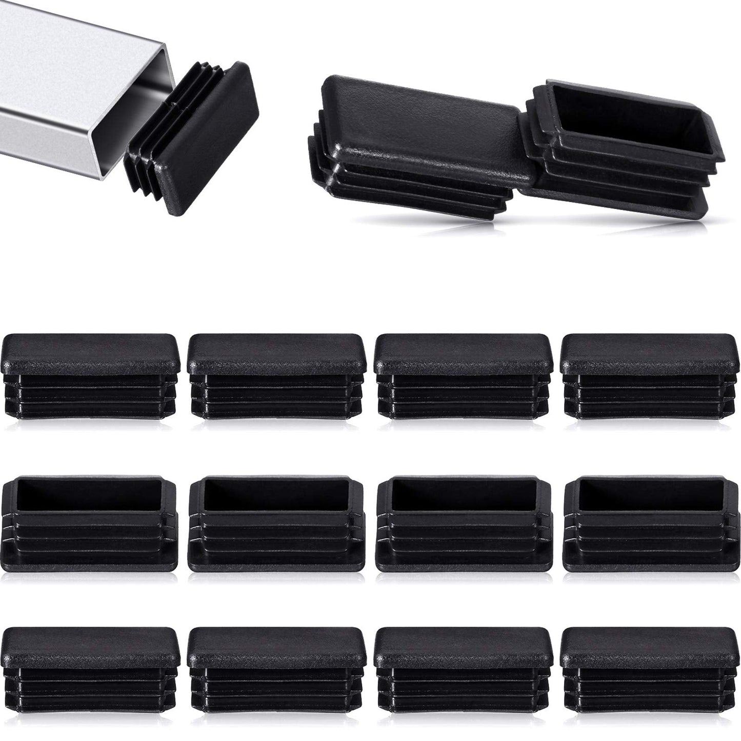 24 Pcs 1 x 2 Inch Rectangle Plastic Plugs Tubing End Caps Black Steel Tubing Plugs Fence Post End Caps for Pipe Cover Chair Leg Glide Inserts