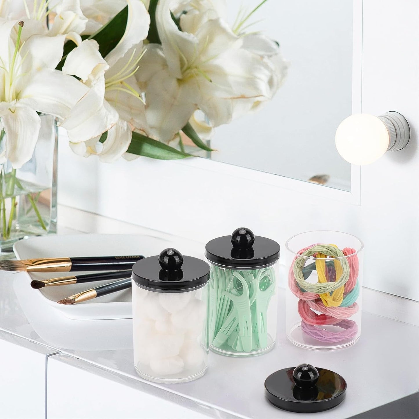 Tbestmax Qtip Holder - 10oz Plastic Apothecary Jar with Black Lid for Cotton Swabs & Pads | Black