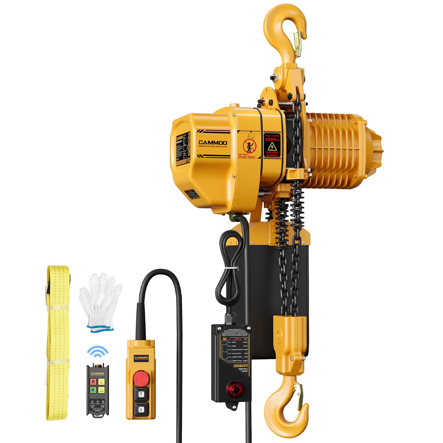 CAMMOO Electric Chain Hoist, 2200 lbs Load, 20 ft Lifting Height, Extended 492 ft Wireless & 20 ft Wired Remote Control, Brushless Copper Motor, DT Carburized Chain, IP65 for Warehouse, Construction