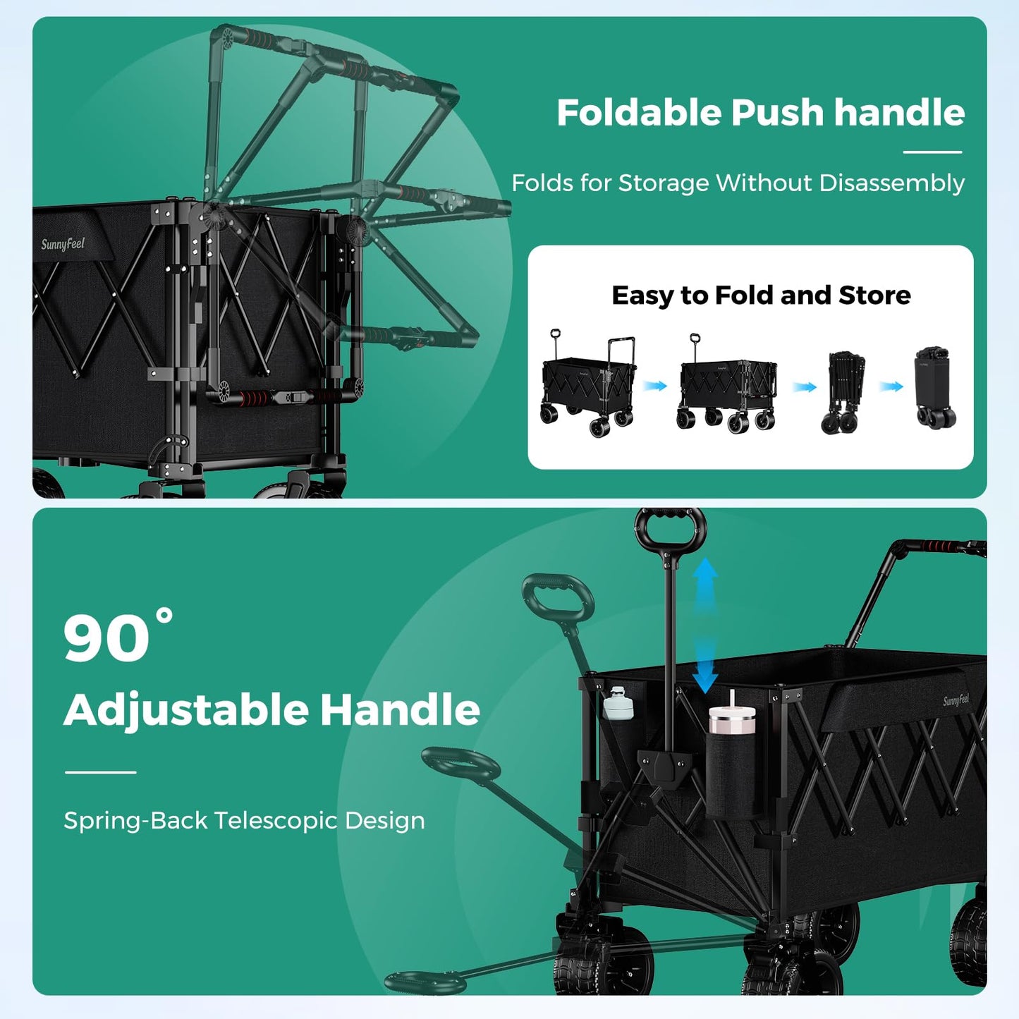 SUNNYFEEL 550LBS Collapsible Wagon Cart - Heavy Duty Push Pull Foldable Wagon with Dual Handles and Big Wheel,Utility Cart with Rear Tailgate for Camping, Fishing, Gardening, Shopping, Black