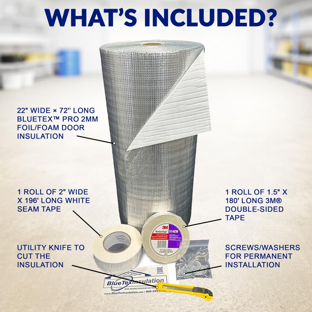 BlueTex Insulationㅤ Insulation White Reflective Foam Core Tearproof 2 Car Garage Door Insulation Kit 18FT (Wide) x 7FT (HIGH) to Cool Your Garage. Complete DIY Installation Kit