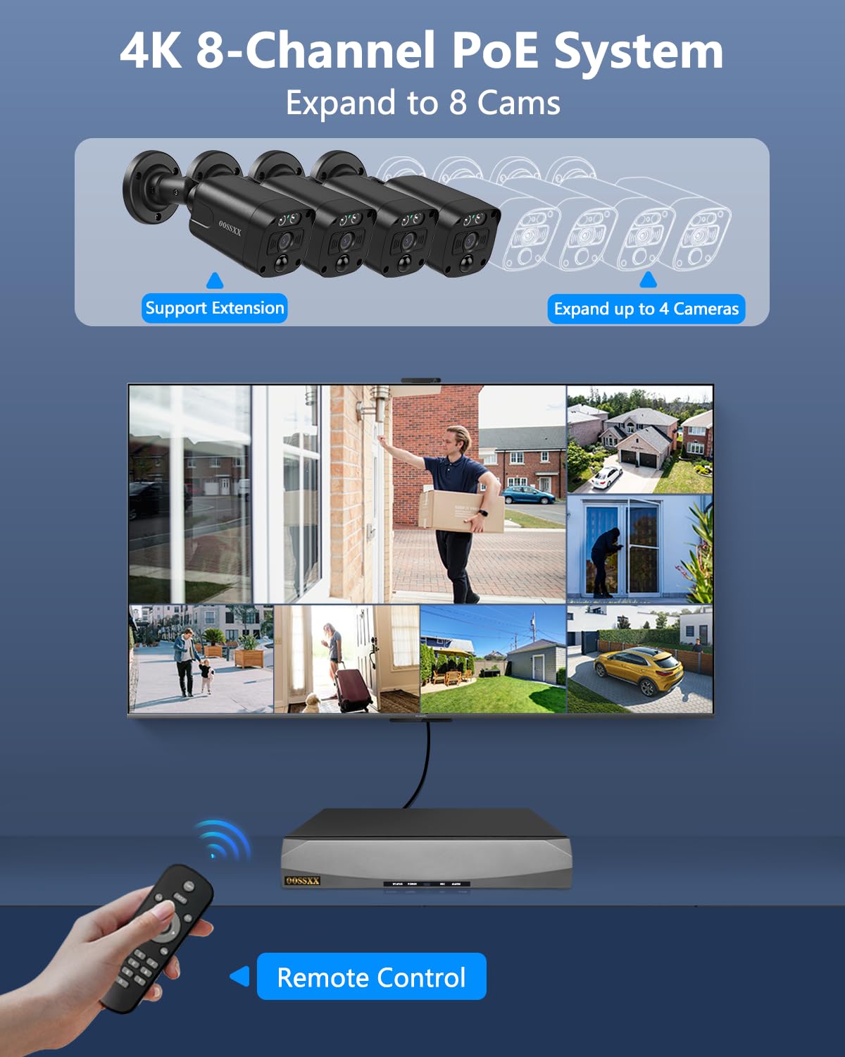 OOSSXX 4K/8.0 Megapixel & 130° Ultra Wide-Angle 2-Way Audio PoE Outdoor Home Security Camera System Wired Outdoor Video Surveillance IP Cameras System DVR System