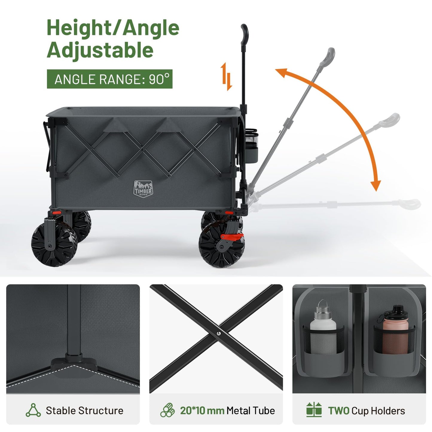 Timber Ridge Outdoor Collapsible Wagon with Brakes Utility Folding Cart Heavy Duty All Terrain Wheels for Shopping Camping Garden with Side Bag and Cup Holders, Grey