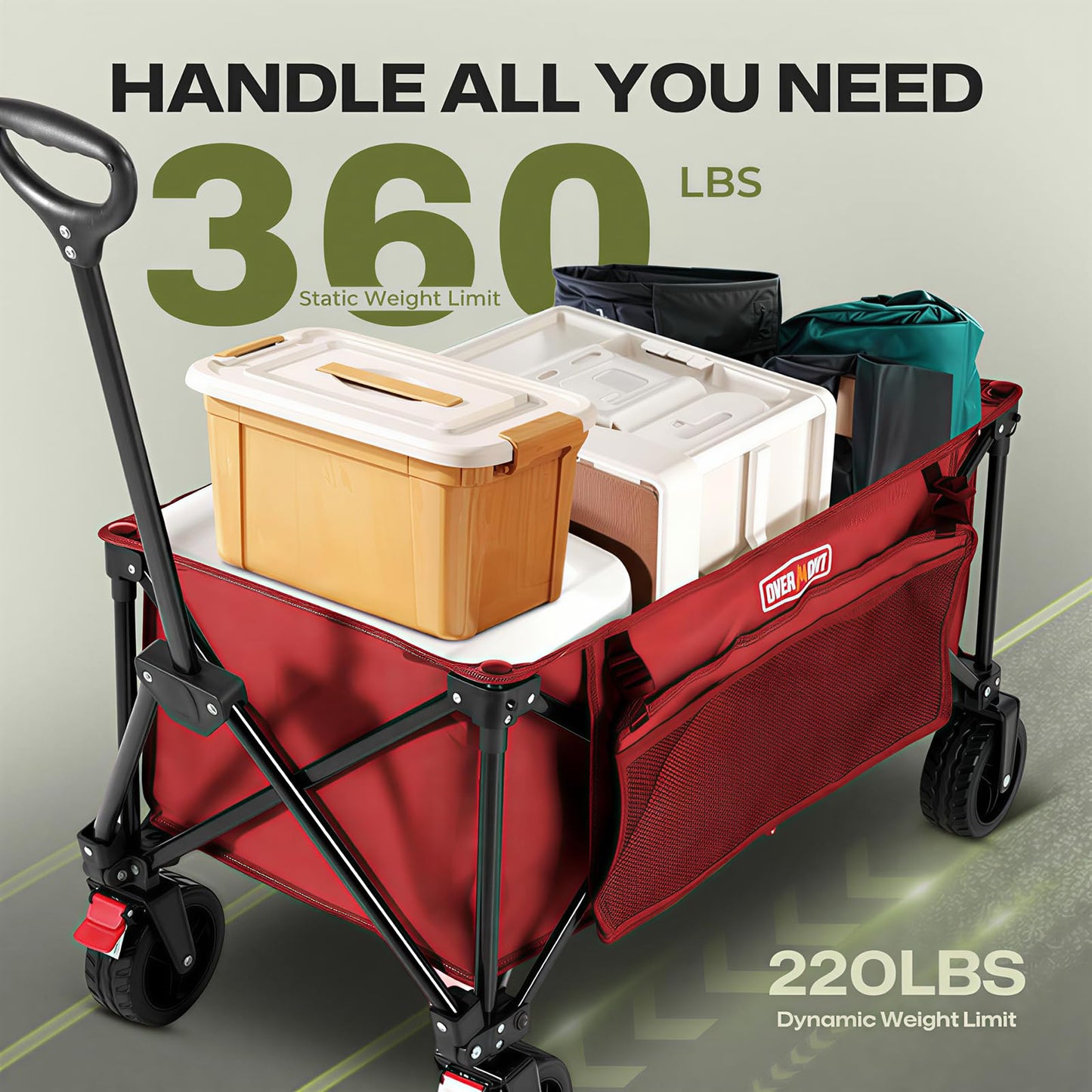 Overmont Collapsible Wagon Cart with Wheels - 180L Foldable Heavy Duty Wagon with Big All-Terrain Wheels - 360Lbs Weight Capacity with Side Pockets for Camping Sports Garden Grocery Shopping red