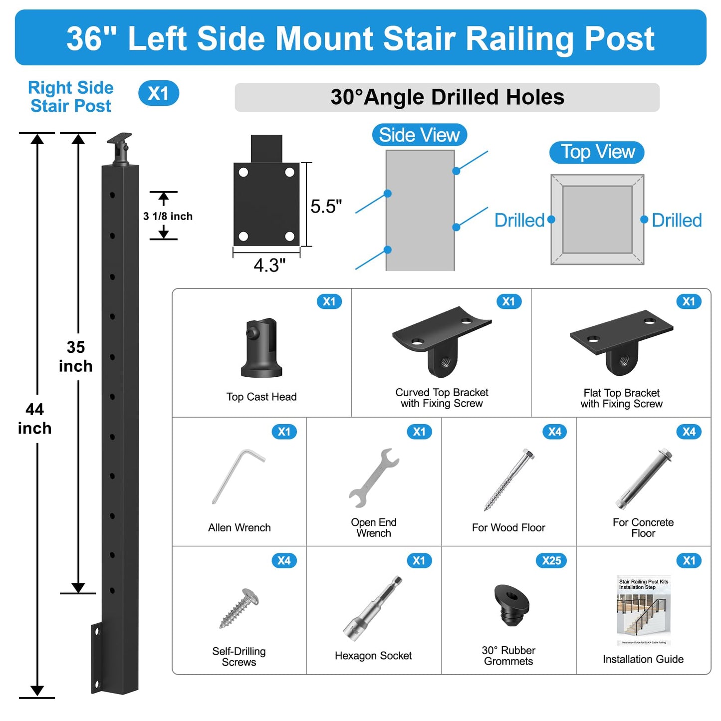 RailinGo 36" Side Mount Stair Railing Post, Stainless Steel Right Side 25~35° Stair Post w/Cable Grommets, Space-Saving Fascia Mount Deck Stair Railing System, 1/8" Black Cable Railing Kit, RG73