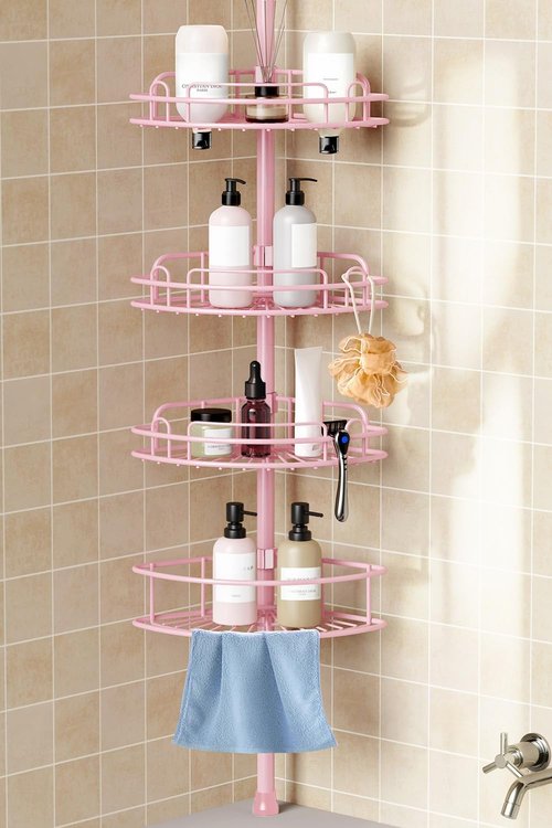HAMITOR Corner Shower Caddy - 4-Tier Rust-Resistant Bathroom Organizer | Adjustable 47-121 Inch - Quick No-Drill Installation - Space-Saving Pink Shelves