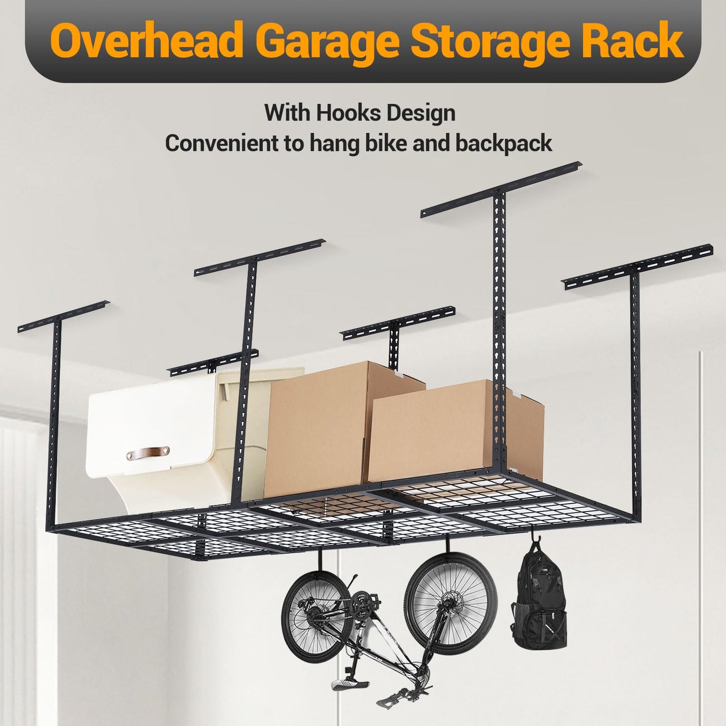 MERXENG 3X8FT Overhead Garage Storage Rack, 22"-40" Height Adjustable Garage Ceiling Storage Racks, Heavy-Duty Metal Storage Organization System, 600 LBS Weight Capacity, Black