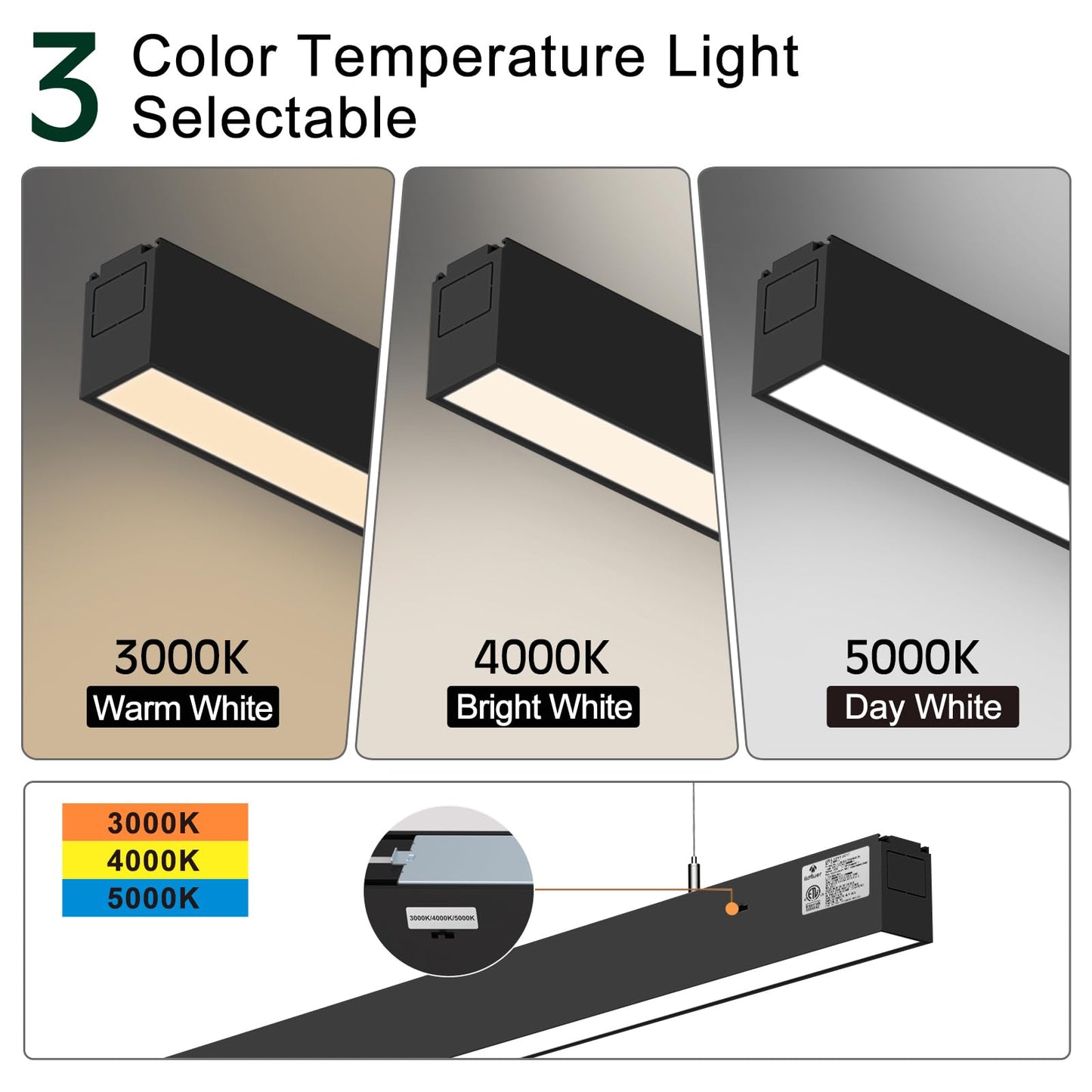 4FT Led Linear Lights,Linkable 8FT/12FT/16FT,35W Down + 15W Up Light,3/4/5KK 3CCT Selectable,Commercial Lighting Fixture for Office,0-10V Dimmable Linear Pendant Lighting for Shop,Garage,School