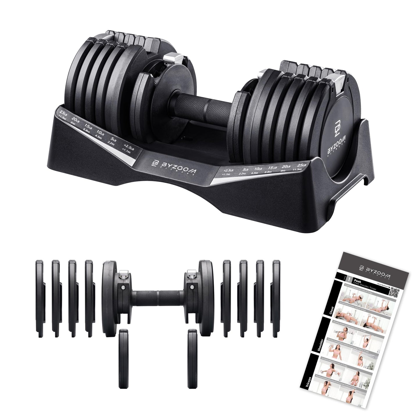BYZOOM FITNESS Pure Series Adjustable Dumbbell 27.5LB Single Unit(Buy 2 for a Pair) - 10-in-1 Adjustable Weights with Precision Micro Plates, for Strength Training & Fitness Workouts at Home Gym, Garage Gym, Small Apartments, Black