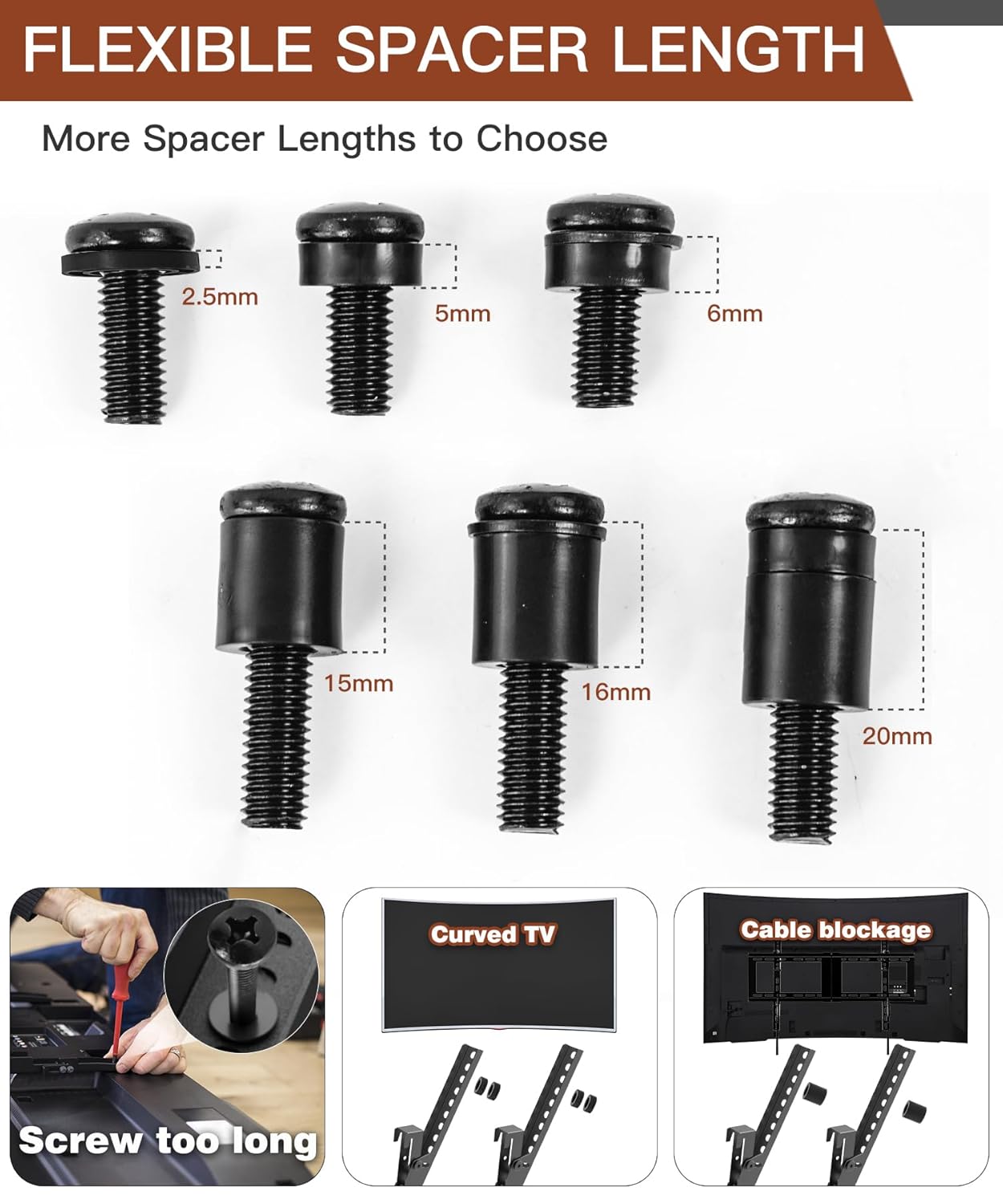 Solid As Mountain 92PCS Set M4 M5 M6 M8 80", Universal TV Mounting Hardware Screw Kit - Screws, Spacers and Washers