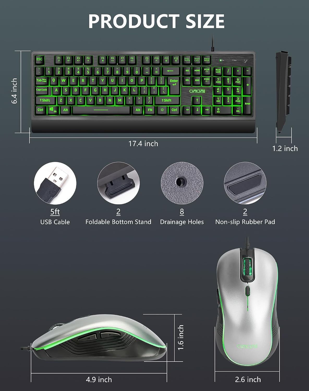 CHONCHOW 12 PS5 USB Wired Keyboard and Mouse Combo with Red-Yellow-Green LED, Silent Gaming Keyboard with Mulitmedia