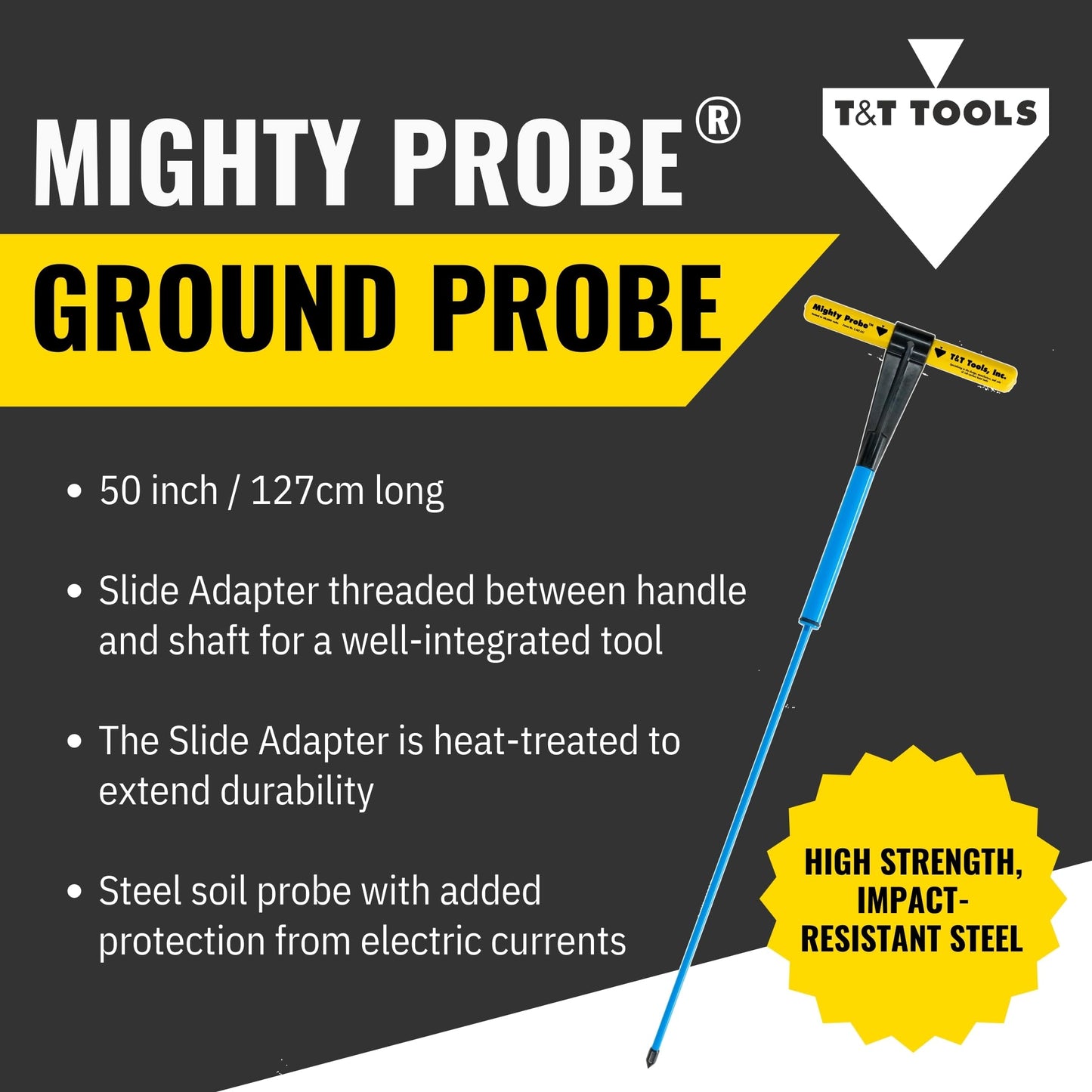 T&T Tools Mighty Probe With Slide Adapter - Mini Hammer Probe, Professional Soil Sampling Tool for Septic, Drainage, Landscaping and Utility Inspection, Durable 3/8 Metal Hex Rod, 50 Inch (127cm long)