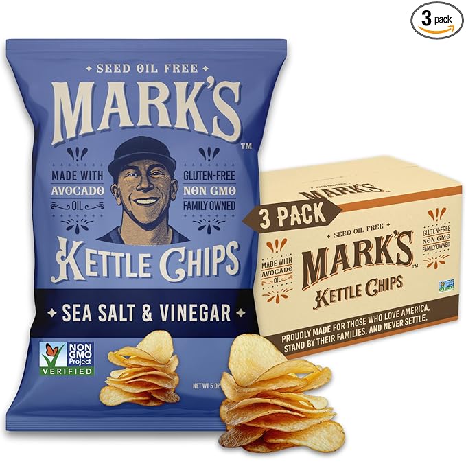 MARK’S Kettle Cooked Avocado Oil Potato Chips, Sea Salt & Vinegar – Seed Oil & GMO Free | Sea Salt and Vinegar, 5 oz (Pack of 3) | Gluten Free, Non-GMO, Chips for Clean & Healthy Snacking