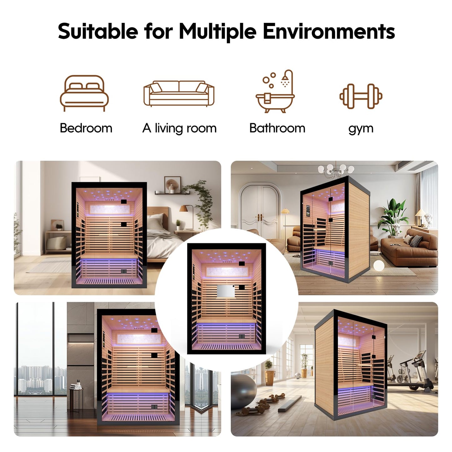 OUTEXER Sauna for 2 Person Far Infrared Saunas 2100W 120V Room Home Canadian Hemlock Indoor Low-EMF Dry Saunas with with Oxygen Bar 7 Color Light 53.1 * 47.2 * 74.8inch
