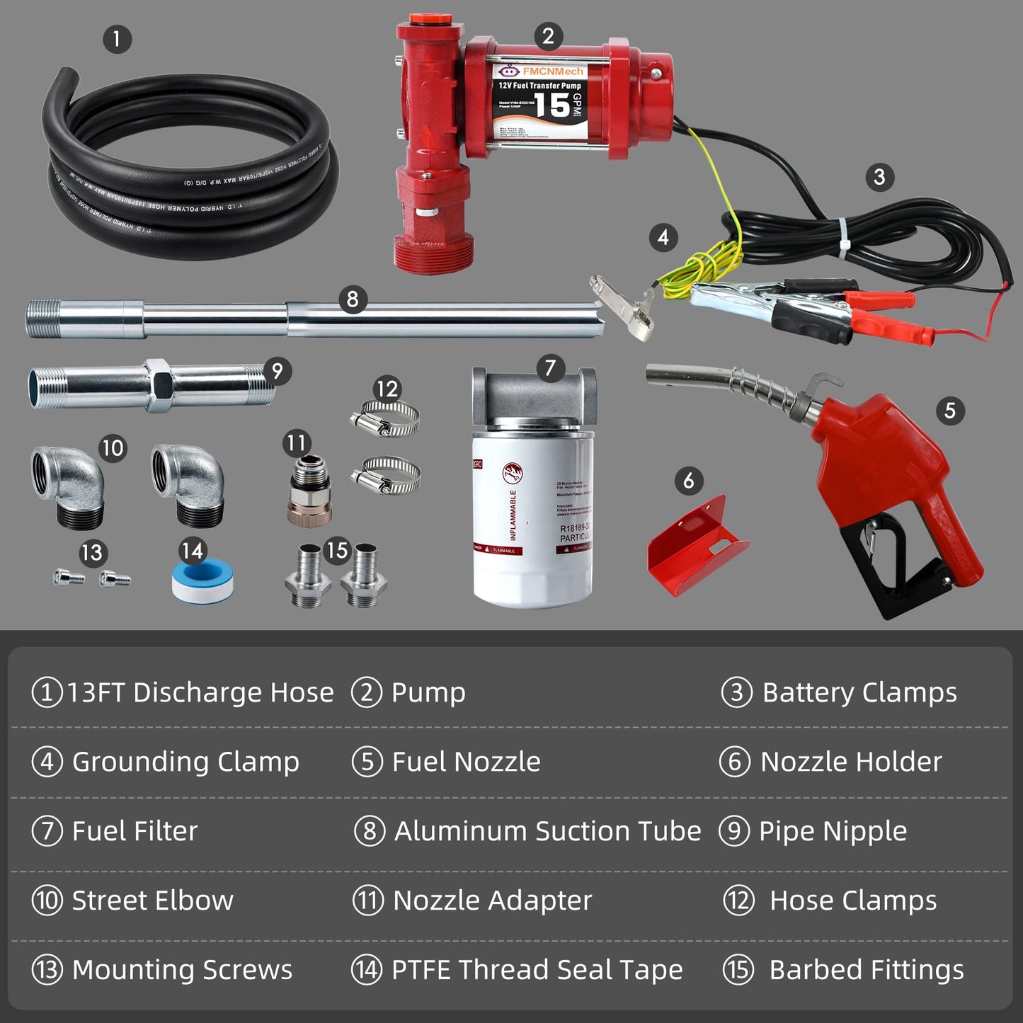 FMCNMech 12V Fuel Transfer Pump, 15 GPM Diesel Transfer Pump Kit with Automatic Shut-Off Nozzle, Heavy-Duty Fuel Pump with 13 ft Hose for Gasoline, Diesel & Kerosene