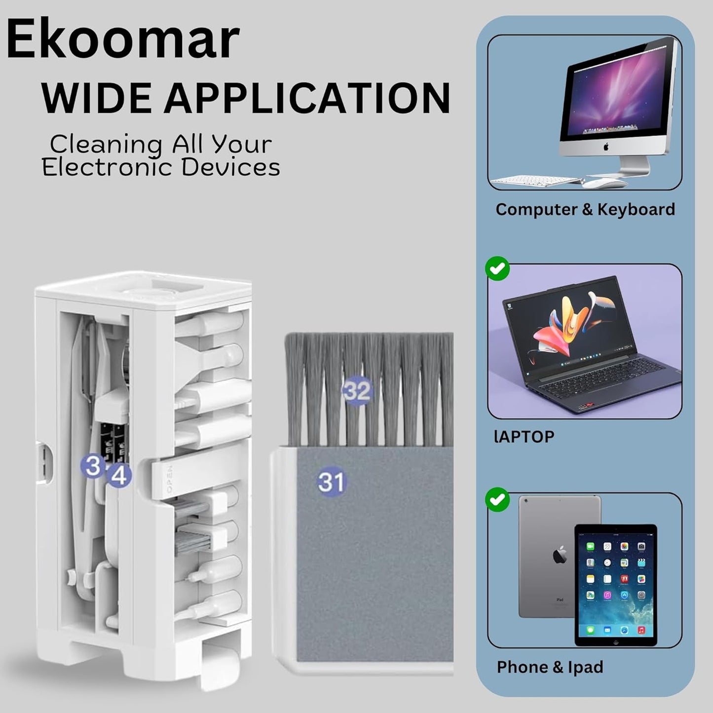 Ekoomar 32-in-1 Electronics Cleaning Kit - Keyboard, Phone, Computer & Laptop Cleaner Kit - Compatible for MacBook