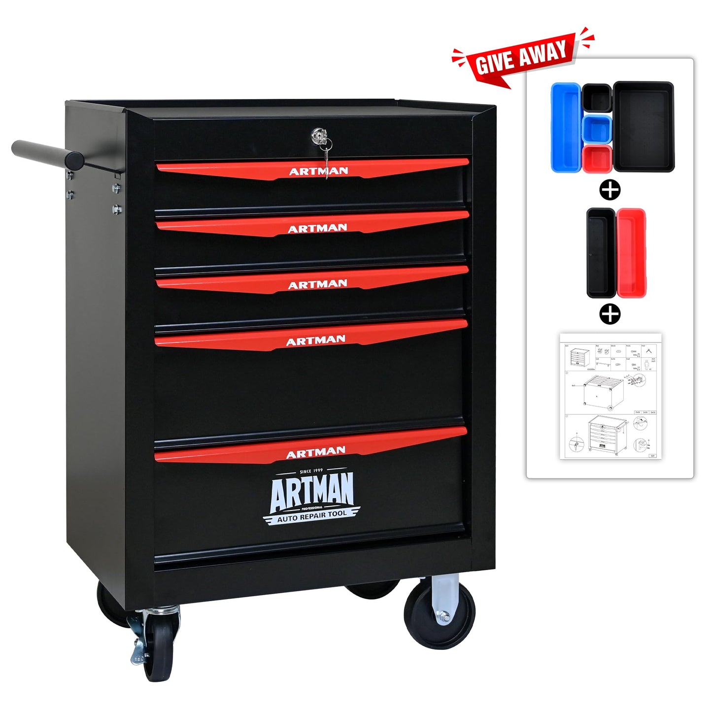 KEIKI Rolling Metal Tool Box with 5 Drawers, 20" 5 Drawer Tool Box with Ball Bearing Drawer Slides, Steel Tool Storage Box Organizer, Black
