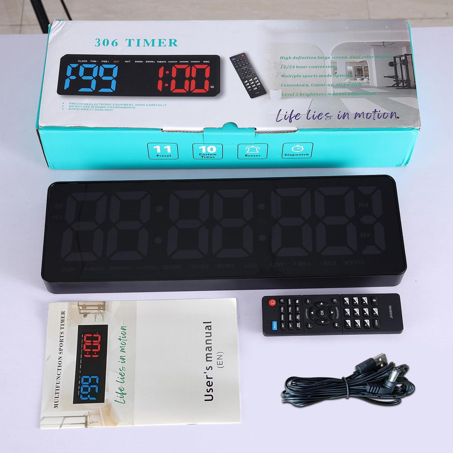 AnExer 13" Gym Timer Clock, Workout Interval Timer with Remote Control, Count Down & Up Stopwatch, Adjustable Brightness, Large LED Digital Display, Fitness Digital Clock for Home/Garage/Boxing