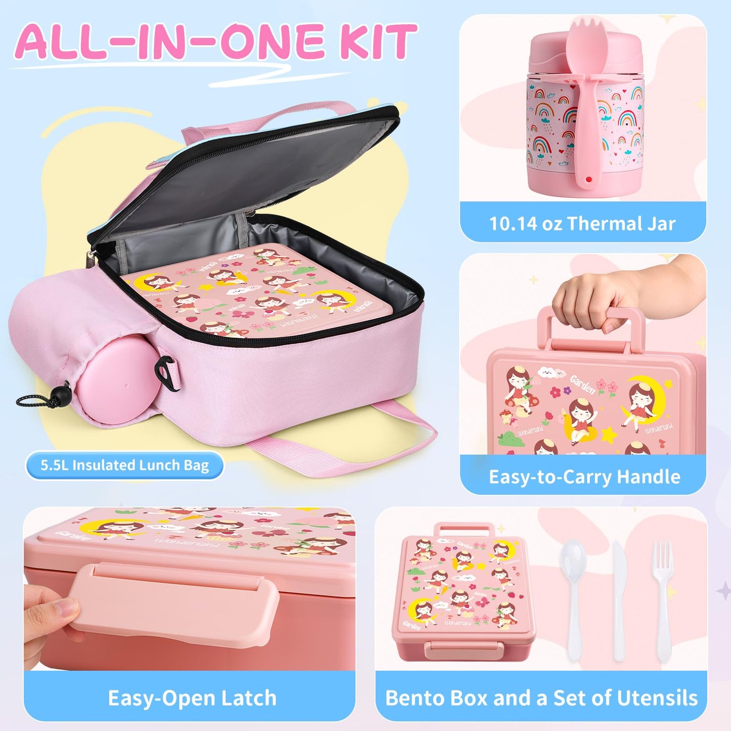 REDSHELL Bento Lunch Box for Kids Set, Leakproof Food Jar Pail with Insulated Bag, Toddler Snack Container Lunchbag for Girls Daycare, Back to School Lunchbox Kit, Includes Bottle Holder Strap, Pink