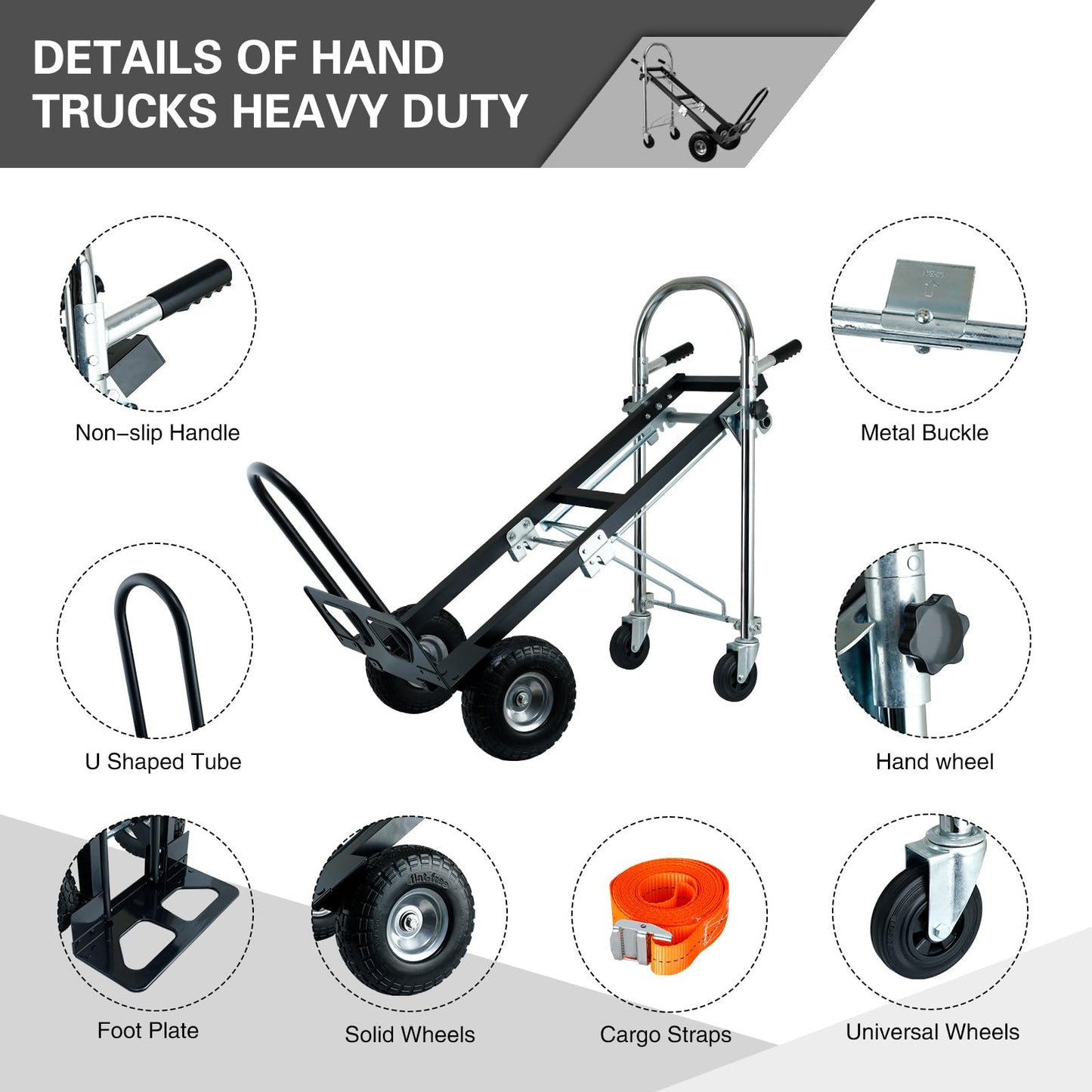 SOUTHHELP 3 in 1 Industrial Convertible Hand Truck Dolly,Dolly Cart with Wheels 1000 Lbs Capacity,Appliance Dolly with Solid Wheels for Moving,Transport in Warehouses,Home,Factory,Supermarket (Black)