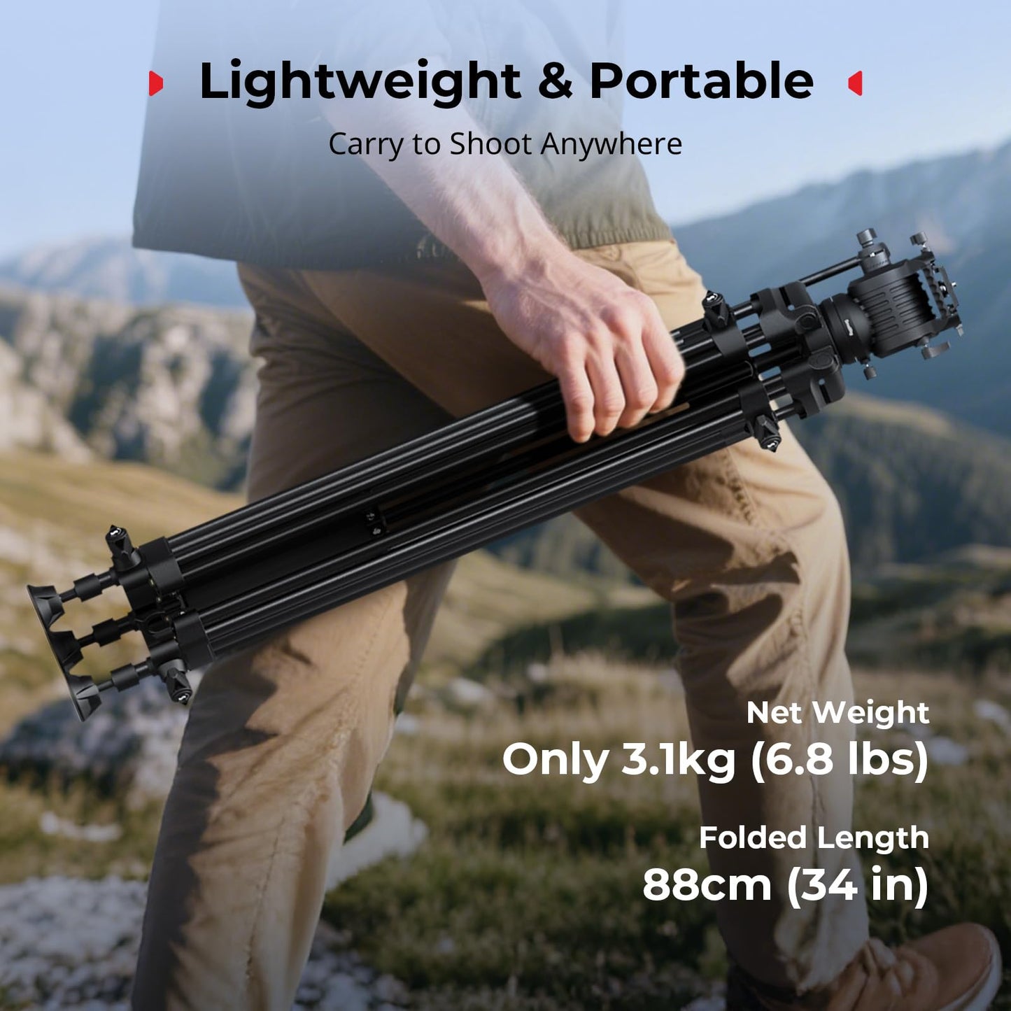 SMALLRIG 73''/186cm Heavy Duty Aluminum Alloy Video Tripod, Max Load 8kg (18lbs), Fluid Head with +85° to -78 Tilt Range, Compact Travel Tripod Weight 3.1kg(6.8lbs), Folded Height 88cm, AD-14-5440