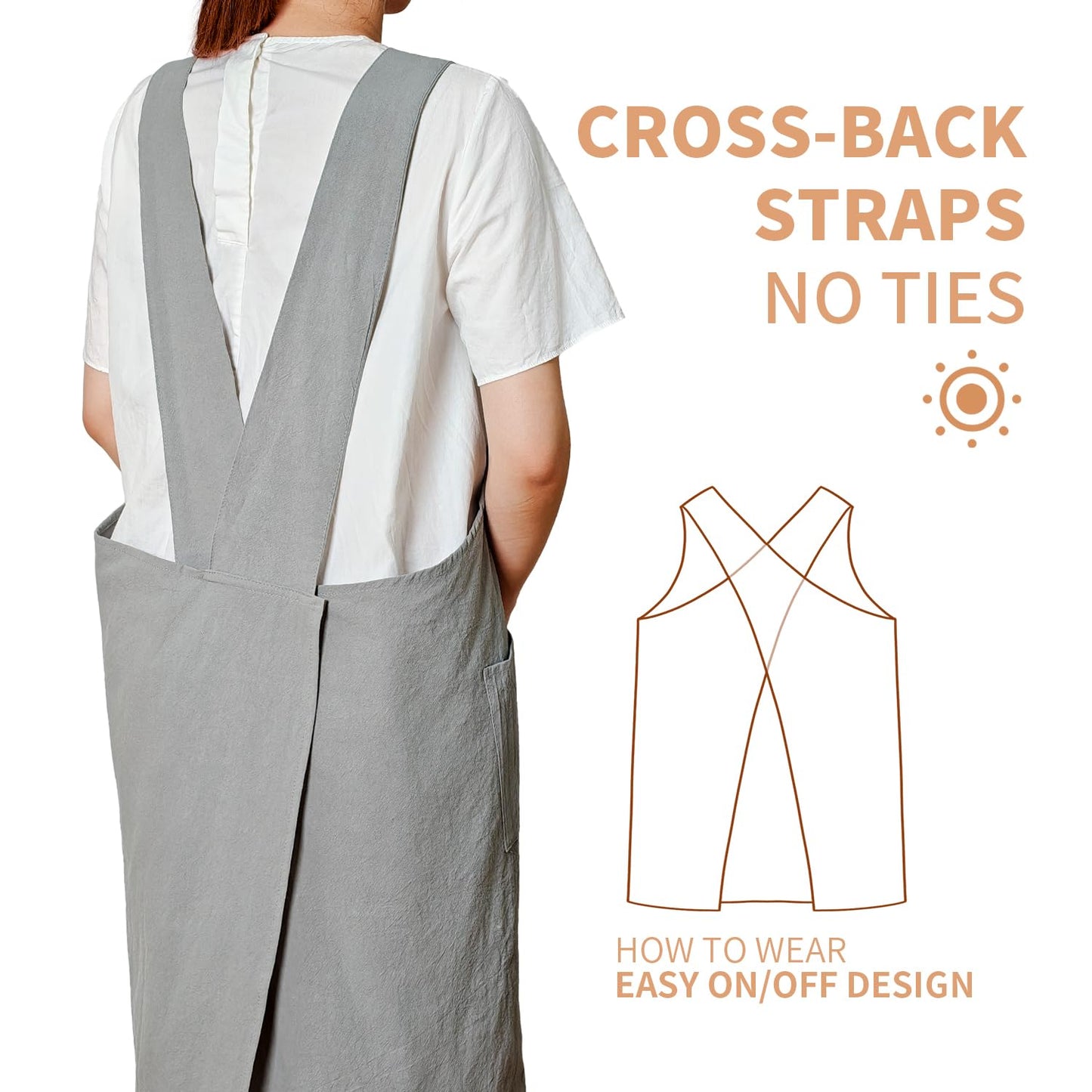 fibrosafe Cotton Apron for Women with Pockets, Cross Back Gardening Apron for Cooking, Baking and Cleaning with Split Hem
