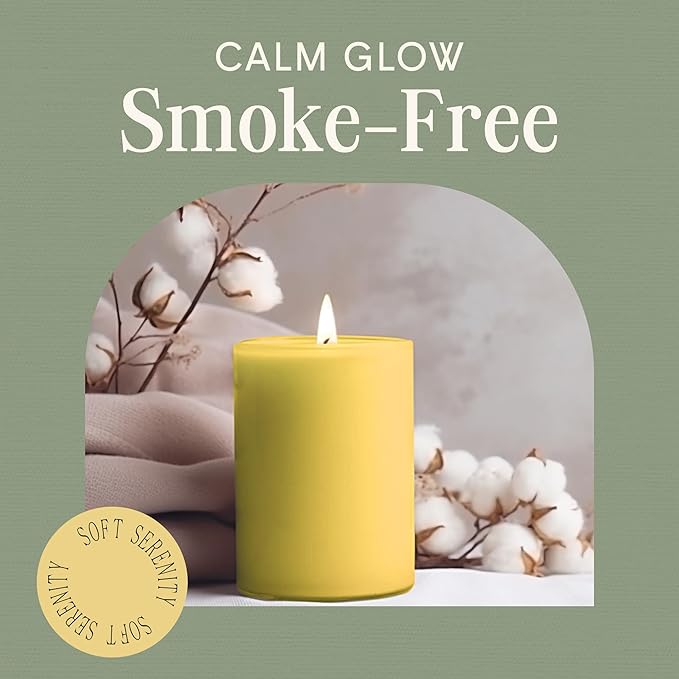 Mister Candle Dripless Unscented Pillar Candles, Set of 3 Hand Poured Solid Color Non-Scented Candles for Home Decor, Premium Wax, 60 Hr Burn Time - 3x4 Inch, Yellow