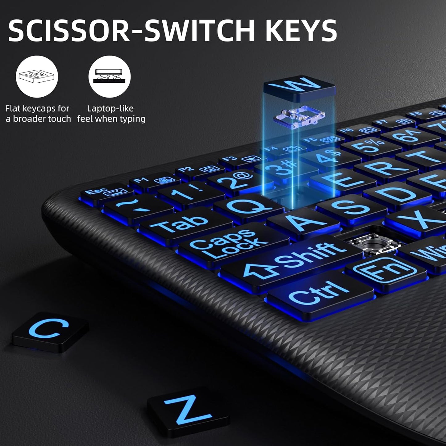 Hamile 7-Color Setting, Large Print Wireless Backlit Keyboard Rechargeable Quiet Low-Profile Keys, Light up with Memory